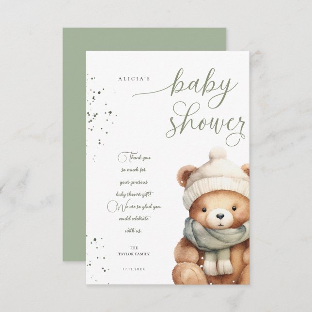 We Can Bearly Wait Sage Baby Shower Thank You Card (Front/Back)