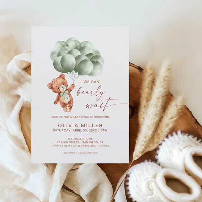 We Can Bearly Wait Sage Green Bear Baby Shower Invitation | Zazzle
