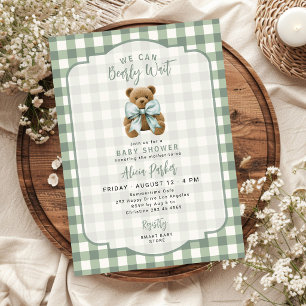 We can bearly wait sage green gingham baby shower invitation