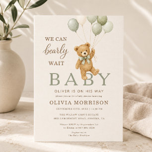 We Can Bearly Wait Sage Green Neutral Baby Shower Invitation