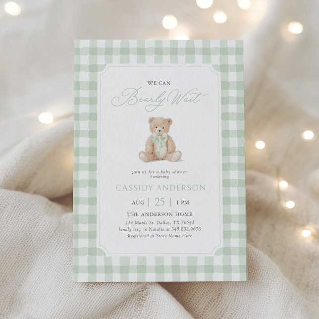 We Can Bearly Wait Sage Teddy Bear Baby Shower Invitation (Creator Uploaded)