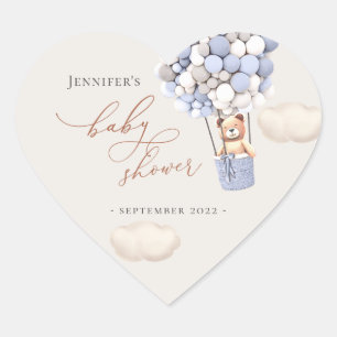 We Can Bearly Wait Silver Blue Baby Shower Heart Sticker