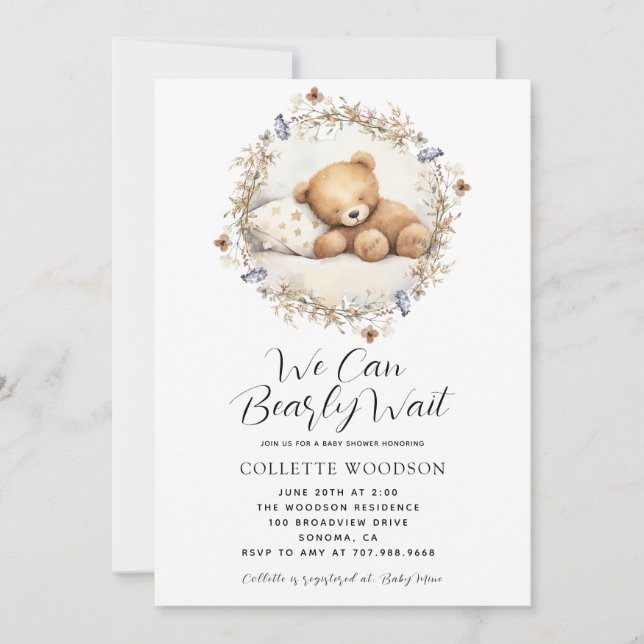 We Can Bearly Wait Sleeping Teddy Bear Baby Shower Invitation (Front)