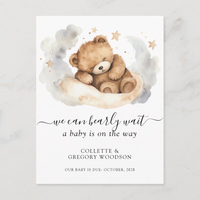 We Can Bearly Wait Sleeping Teddy Bear Pregnancy A Announcement Postcard (Front)
