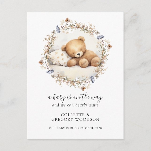 We Can Bearly Wait Sleeping Teddy Bear Pregnancy Announcement Postcard (Front)