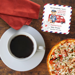 We Can Bearly Wait Special Delivery Baby Shower Square Paper Coaster