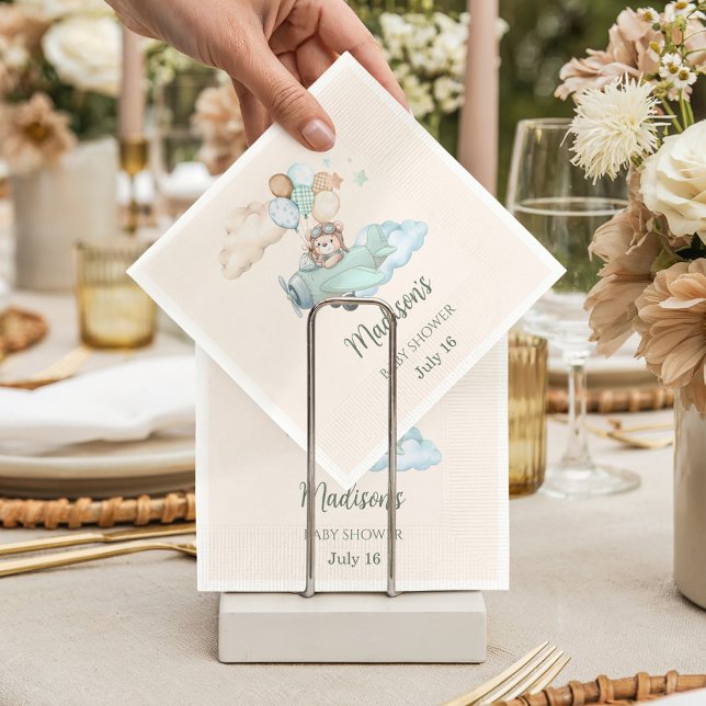 We Can Bearly Wait Tedd Aviator Cocktail Tableware Napkin (Aviator Teddy Bear Baby Shower Paper Napkins. Blue Boy Party Decor. We Can Bearly Wait theme.)