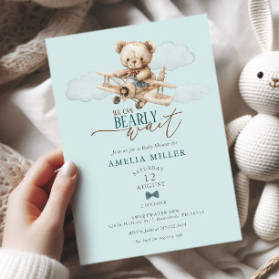 We Can Bearly Wait Teddy Aeroplane Blue Baby Showe Invitation