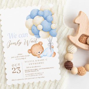 We can Bearly Wait Teddy Balloon Baby Boy Shower Invitation