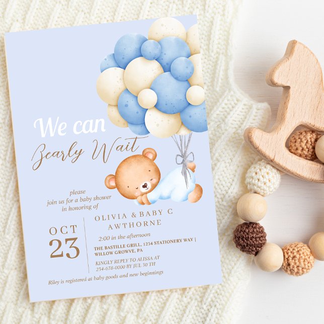 We can Bearly Wait Teddy Balloon Baby Boy Shower Invitation (Creator Uploaded)