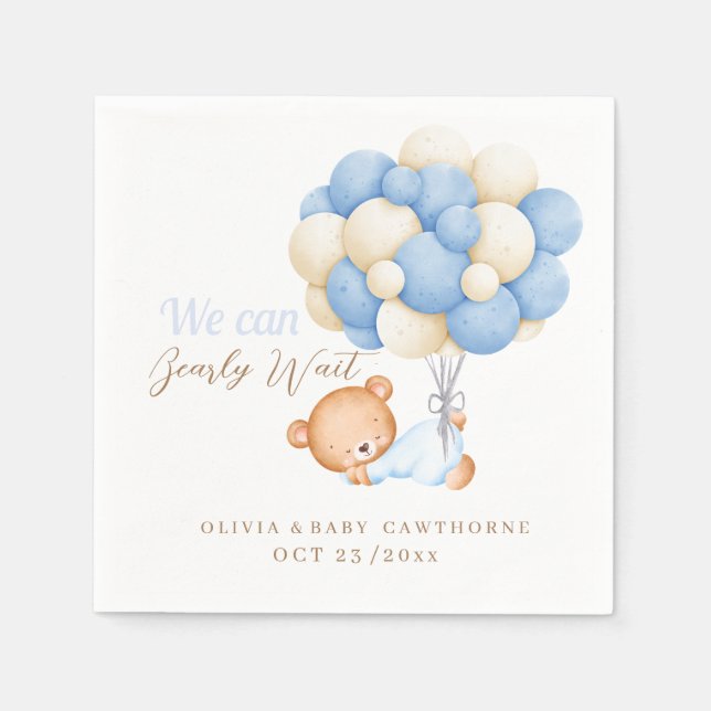 We can Bearly Wait Teddy Balloon Baby Boy Shower  Napkin (Front)