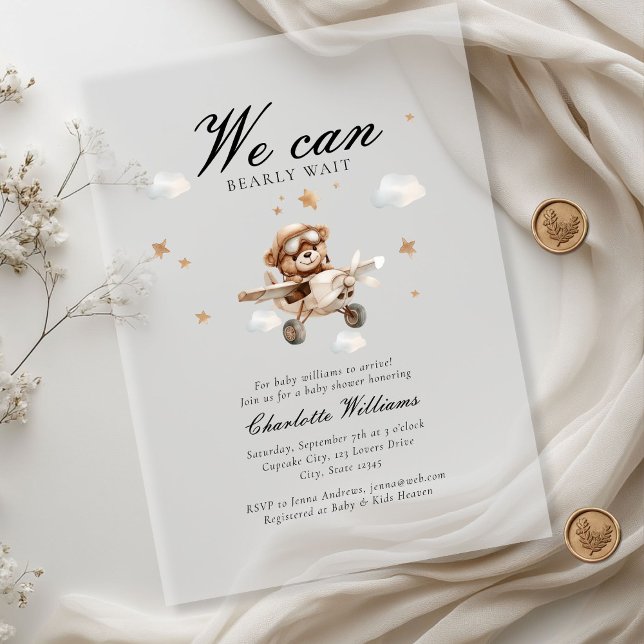 We Can Bearly Wait! Teddy Bear & Aeroplane  Acrylic Invitations (We Can Bearly Wait! Teddy Bear & Airplane Baby Shower White Transparent Acrylic Invitations.)