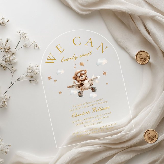 We Can Bearly Wait! Teddy Bear & Aeroplane  Acrylic Invitations (We Can Bearly Wait! Teddy Bear & Airplane Arch Baby Shower  Transparent Acrylic Invitations.)