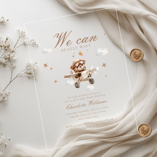 We Can Bearly Wait! Teddy Bear & Aeroplane  Acrylic Invitations (We Can Bearly Wait! Teddy Bear & Airplane Baby Shower  Transparent Acrylic Invitations.)
