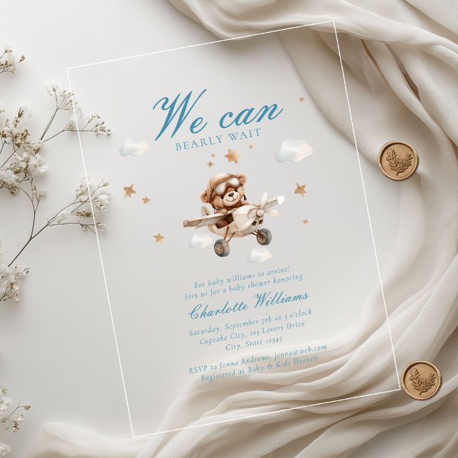 We Can Bearly Wait! Teddy Bear & Aeroplane  Acrylic Invitations (We Can Bearly Wait! Teddy Bear & Airplane Baby Shower  Transparent Acrylic Invitations.)