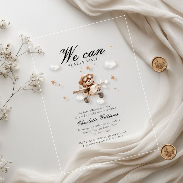 We Can Bearly Wait! Teddy Bear & Aeroplane  Acrylic Invitations (We Can Bearly Wait! Teddy Bear & Airplane Baby Shower  Transparent Acrylic Invitations.)