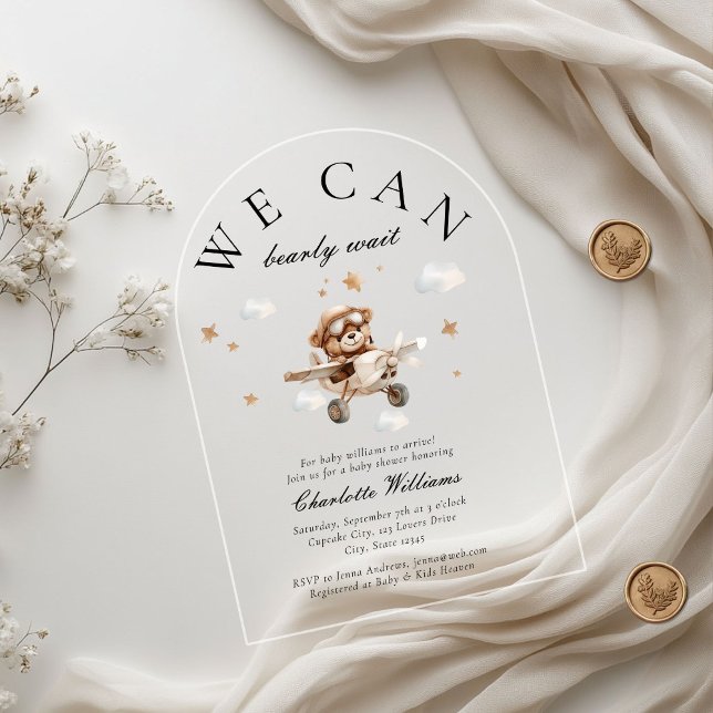 We Can Bearly Wait! Teddy Bear & Aeroplane  Acrylic Invitations (We Can Bearly Wait! Teddy Bear & Airplane Arch Baby Shower  Transparent Acrylic Invitations.)