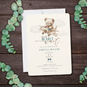 We Can Bearly Wait Teddy Bear Aeroplane Baby Showe Invitation