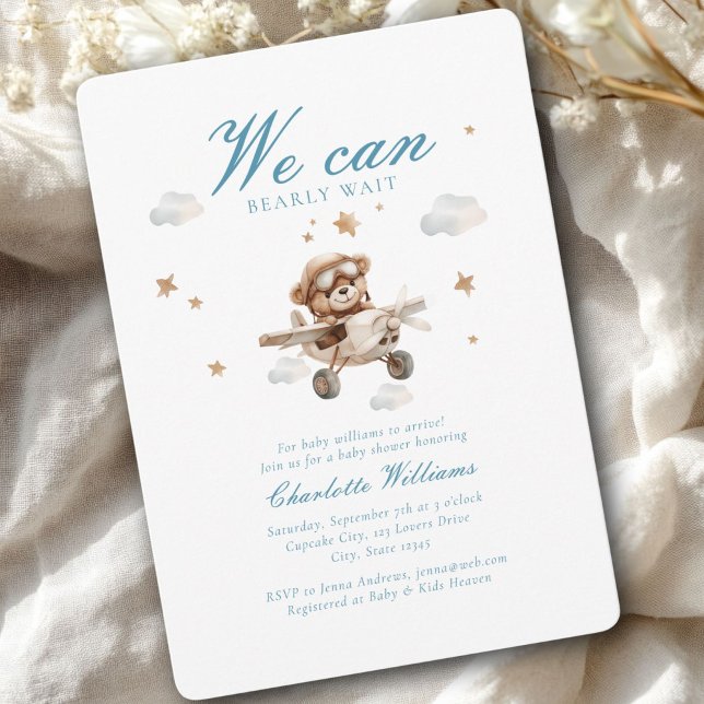 We Can Bearly Wait! Teddy Bear & Aeroplane  Invitation (We Can Bearly Wait! Cute Bear & Plain Baby Shower Invitation)