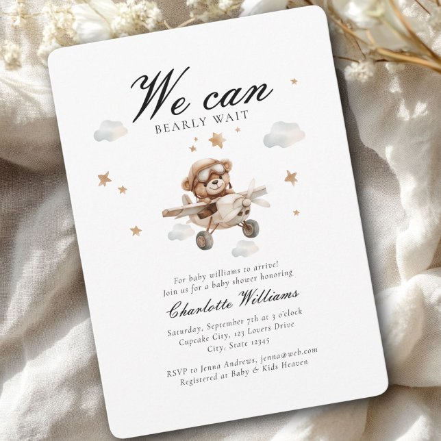 We Can Bearly Wait! Teddy Bear & Aeroplane  Invitation (We Can Bearly Wait! Cute Bear & Plain Baby Shower Invitation)