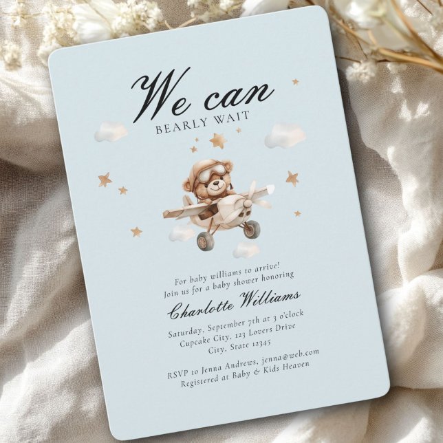 We Can Bearly Wait! Teddy Bear & Aeroplane  Invitation (We Can Bearly Wait! Cute Bear & Plain Baby Shower Invitation)