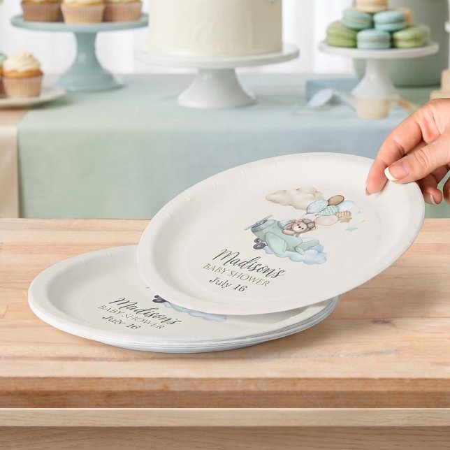 We Can Bearly Wait Teddy Bear Aeroplane Tabeware Paper Plate (Aviator Teddy Bear Baby Shower Paper Plates. Blue Boy Party Decor. We Can Bearly Wait theme.)