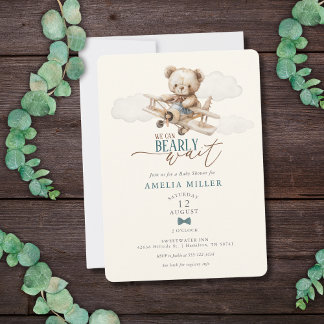 We Can Bearly Wait Teddy Bear Airplane Baby Shower Invitation