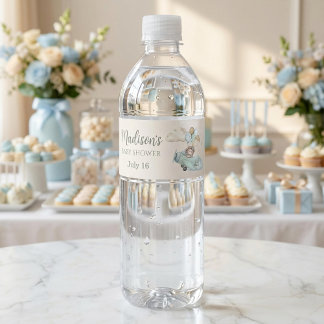 We Can Bearly Wait Teddy Bear Airplane Blue Boy Water Bottle Label