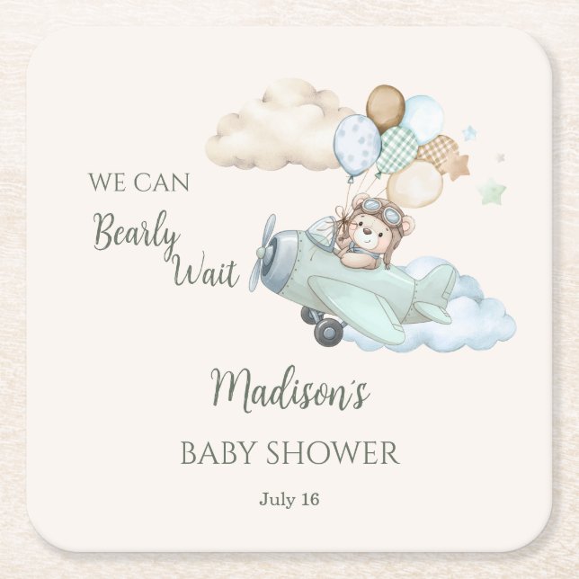 We Can Bearly Wait Teddy Bear Airplane Boy Baby Square Paper Coaster (Front)