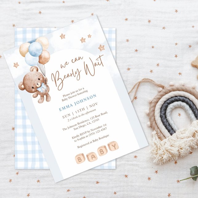 We Can Bearly Wait Teddy Bear Baby Boy Shower  Invitation (Creator Uploaded)
