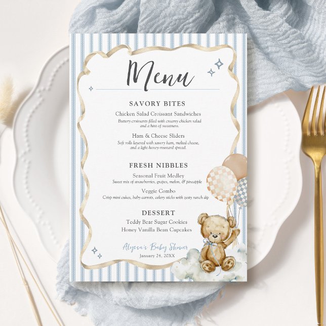 We Can Bearly Wait Teddy Bear Baby Boy Shower Menu Invitation (We Can Bearly Wait teddy bear watercolor blue bow & beige ribbon digital baby boy shower menu card)