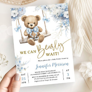We Can Bearly Wait Teddy Bear Baby Shower Boy Blue Invitation