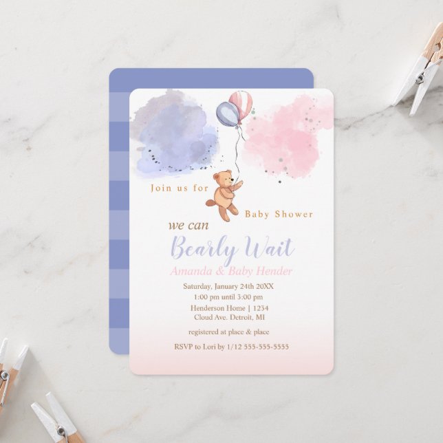 We Can Bearly Wait Teddy Bear Baby Shower Invitation (Front/Back In Situ)