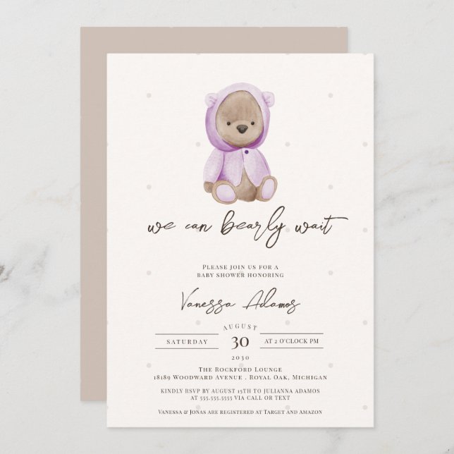 We Can Bearly Wait,Teddy Bear Baby Shower Purple Invitation (Front/Back)