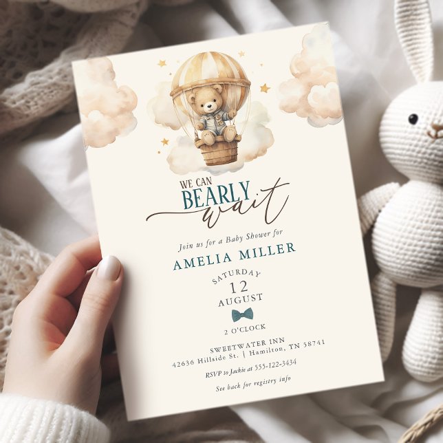 We Can Bearly Wait Teddy Bear Balloon Baby Shower Invitation (We Can Bearly Wait Teddy Bear Hot Air Balloon Baby Boy Shower Invitation)
