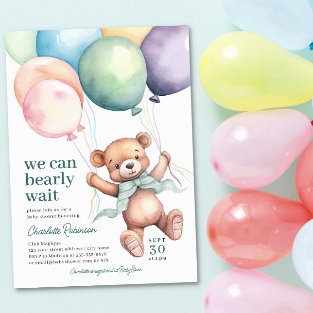 We Can Bearly Wait Teddy Bear Balloon Baby Shower  Invitation (Creator Uploaded)