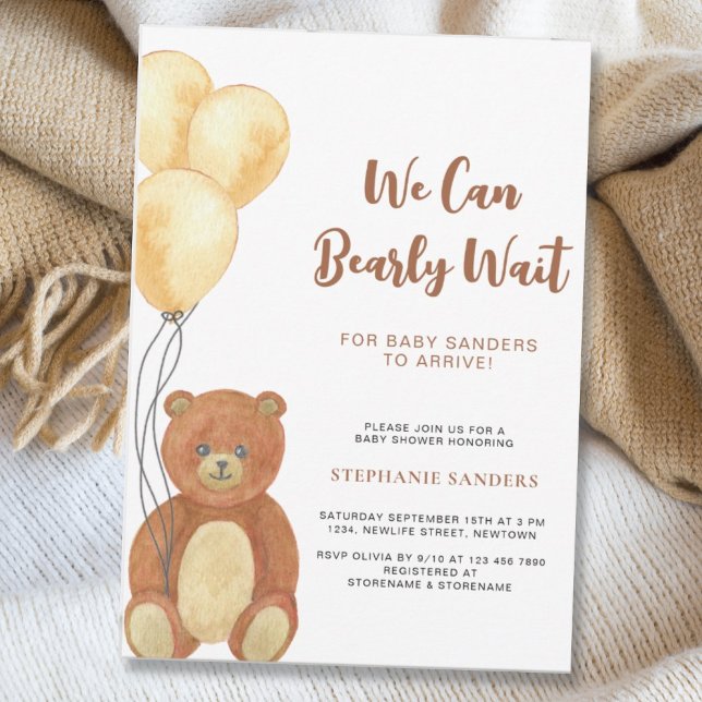 We Can Bearly Wait Teddy Bear Balloon Baby Shower Invitation (Creator Uploaded)