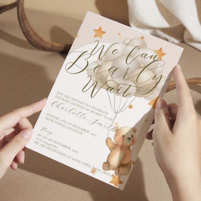 We Can Bearly Wait Teddy Bear Balloons Baby Shower Invitation (we can bearly wait bear theme baby shower invitation)