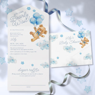 We Can Bearly Wait Teddy Bear Blue Baby Shower All In One Invitation
