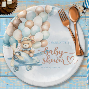 We Can Bearly Wait! Teddy Bear Blue Baby Shower Paper Plate
