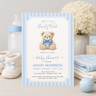 We Can Bearly Wait Teddy Bear Blue Bow Baby Shower Invitation