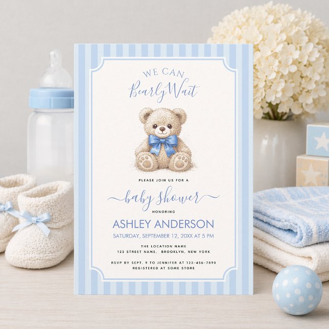 We Can Bearly Wait Teddy Bear Blue Bow Baby Shower Invitation (Creator Uploaded)