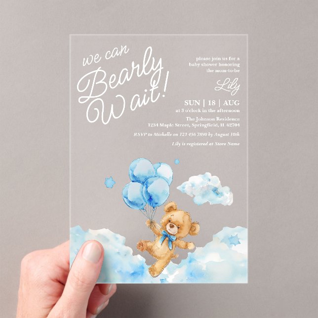We Can Bearly Wait Teddy Bear Blue Boy Baby Shower Acrylic Invitations (Insitu (Handheld))