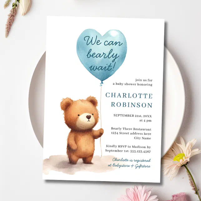 We Can Bearly Wait Teddy Bear Blue Boy Baby Shower Invitation | Zazzle