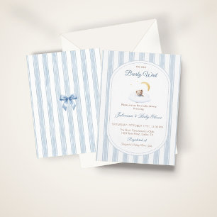 We Can Bearly Wait Teddy Bear Blue Ticking Stripe Invitation
