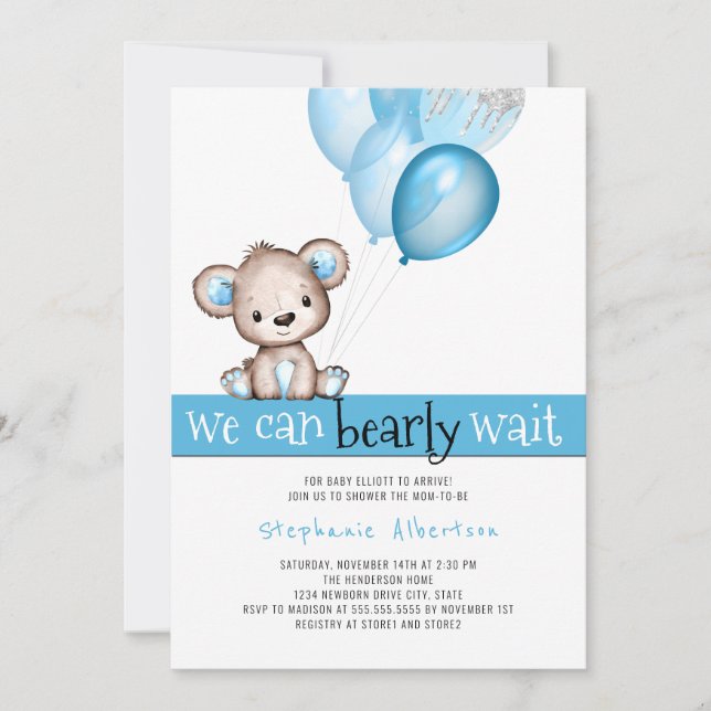 We Can Bearly Wait Teddy Bear Boy Baby Shower Invitation (Front)