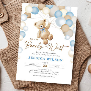 We Can Bearly Wait Teddy Bear Boy Baby Shower Invitation