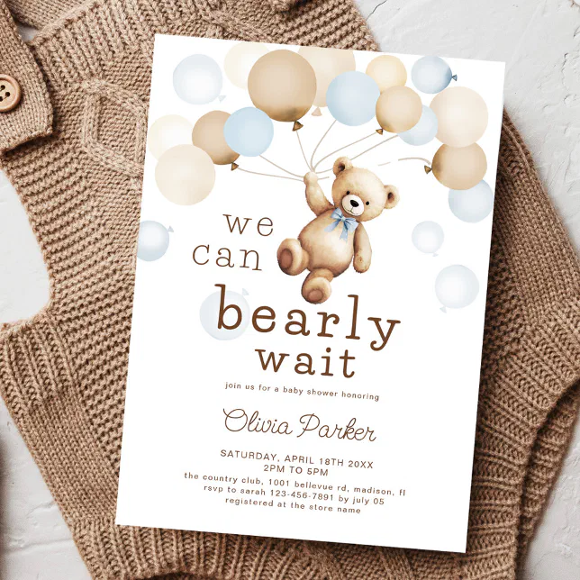 We Can Bearly Wait Teddy Bear Boy Baby Shower Invitation | Zazzle