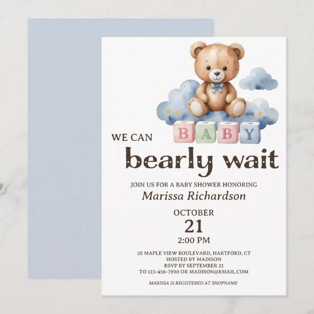 We Can Bearly Wait Teddy Bear Boy Baby Shower Invitation (Front/Back)