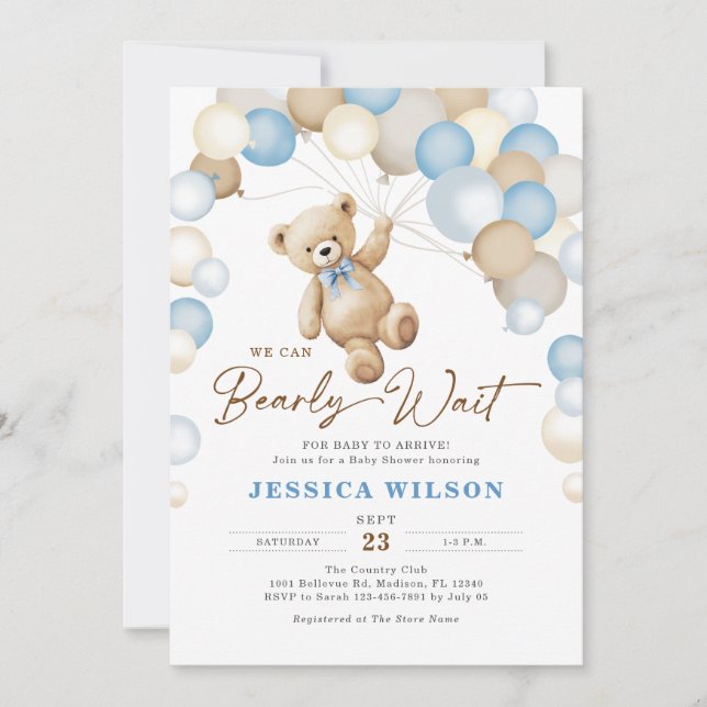 We Can Bearly Wait Teddy Bear Boy Baby Shower Invitation (Front)